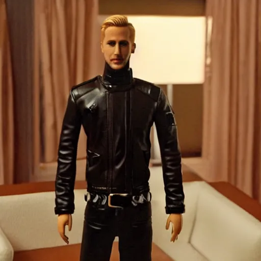 Image similar to amazing beautiful Ryan Gosling barbie doll wearing leather in the living room, film still from the movie directed by Denis Villeneuve , wide lens