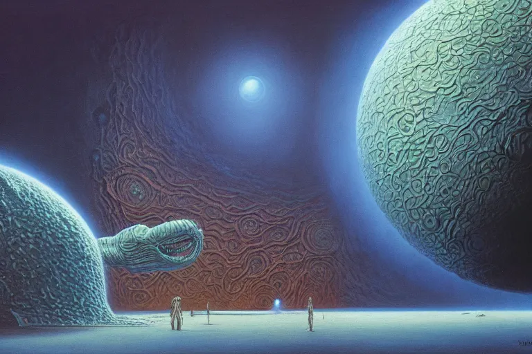 Image similar to oil painting, super - detailed scene of a creature the size of a planet, japanese sci - fi books art, artwork by jean giraud and zdzislaw beksinski and michael whelan and hr giger, hd, 4 k, high quality