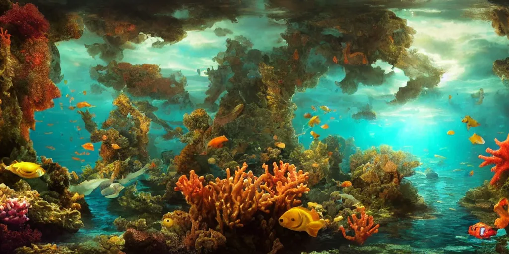 Prompt: beautiful underwater scene. an ancient ship sunk in the abyss very shiny water. colorful fish. seahorse. goldfish. coral, water flowers. beautiful lighting, 4 k post - processing, highly detailed, 5 k extremely detailed, 3 d. sun is highlighting the bubbles. render in octane and cryengine. painterly detailed matte painting, by albert bierstadt