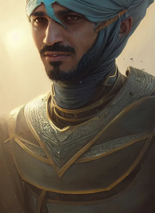 Image similar to highly detailed portrait arab man superhero, armor, yellow charcoal, stephen bliss, 8 k, unreal engine, fantasy art by greg rutkowski, loish, rhads, ferdinand knab, makoto shinkai and lois van baarle, ilya kuvshinov, rossdraws, tom bagshaw, global illumination, radiant light, detailed and intricate environment