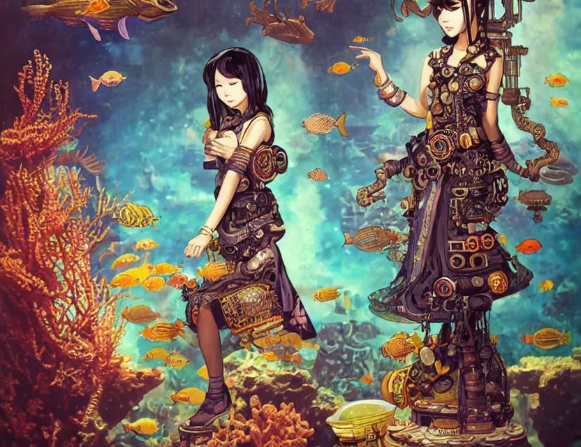 Prompt: southeast asian scifi alchemist in an aquascaped aquarium, wearing a lovely dress with steampunk details. this oil painting by the award - winning mangaka has an interesting color scheme and impeccable lighting.