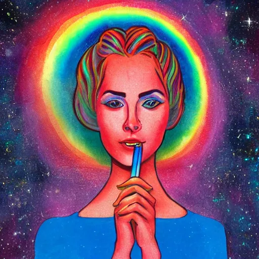 Image similar to rainbow cosmic woman with a cigarette