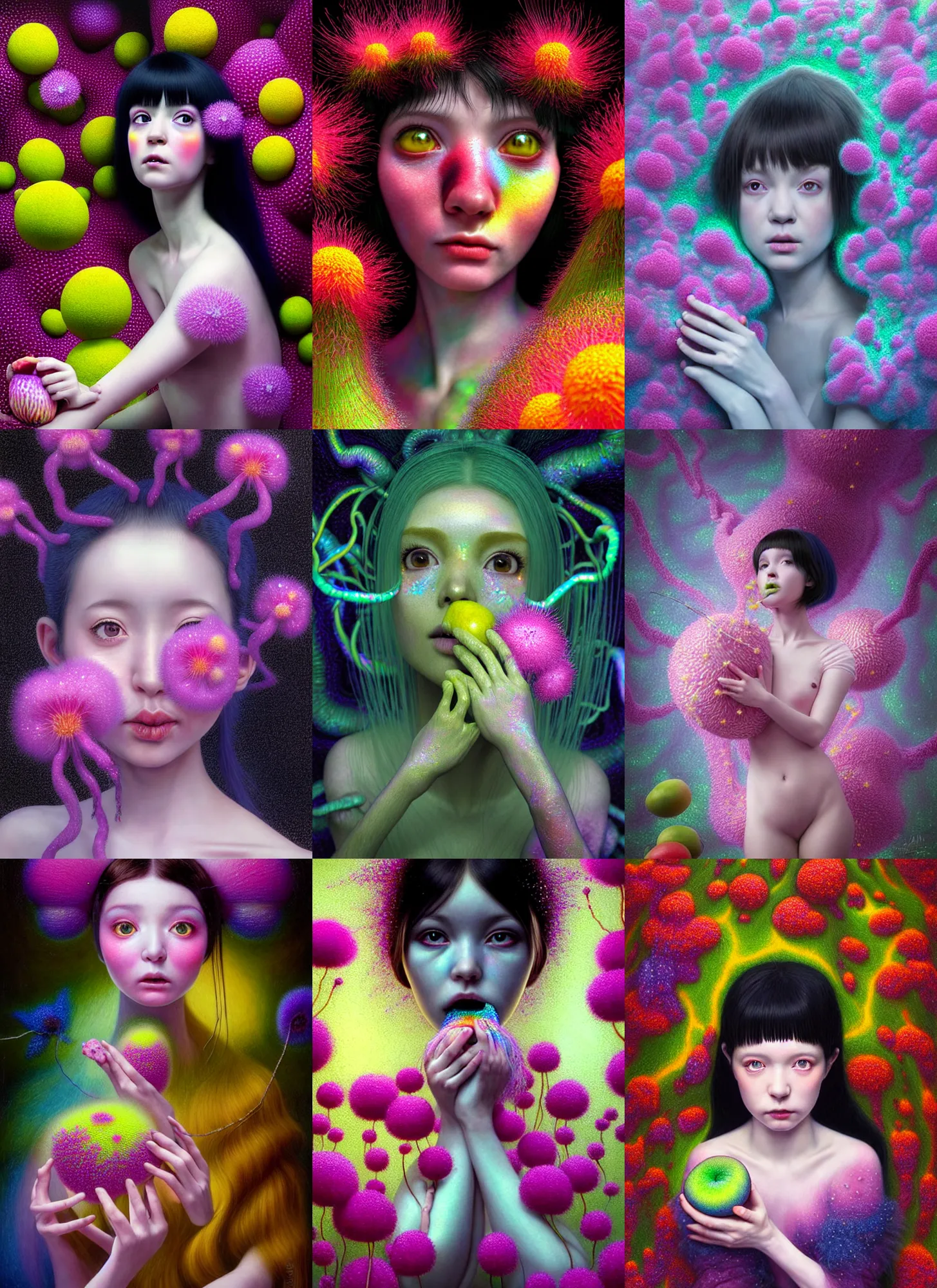 Prompt: hyper realistic detailed 3d render like a Oil painting - kawaii portrait Aurora (black haired Fae) seen Eating of the Strangling network of yellowcake aerochrome and milky Fruit and Her delicate Hands hold of gossamer polyp blossoms bring iridescent fungal flowers whose spores black the foolish stars by Jacek Yerka, Mariusz Lewandowski, Houdini algorithmic generative render, Abstract brush strokes, Masterpiece, Edward Hopper and James Gilleard, Zdzislaw Beksinski, Mark Ryden, Wolfgang Lettl, hints of Yayoi Kasuma, octane render, 8k