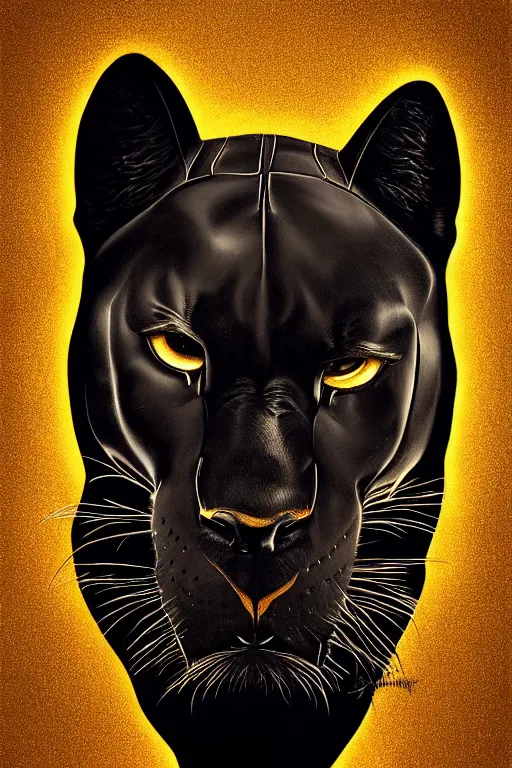 Prompt: Portrait of a black panther, elegant, photorealistic, highly detailed, artstation, smooth, sharp focus, gold ornaments, neon lighting, sci-fi, art by Klimt