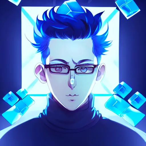 Image similar to a highly detailed portrait of a man with navy blue hair and blue glowing eyes, summoning blue transparent cubes, high detail clothing, concept art, anime, artstation, professional