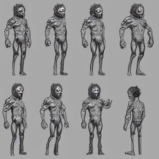 Prompt: character turnaround sheet for a monster in a human body in the style of aaron blaise