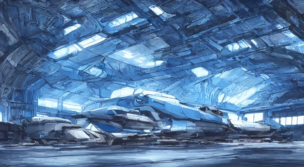 Image similar to digital illustration of a detailed spaceship in a hangar, sci fi, cold blue colors, trending on artstation