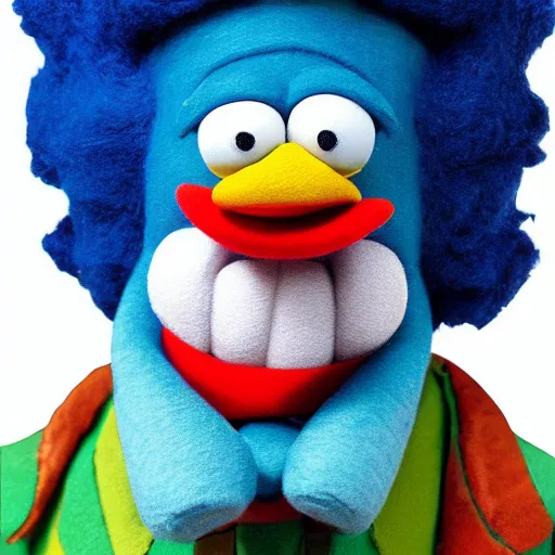 Prompt: krusty the clown as a muppet. highly detailed felt. hyper real photo. 4 k.