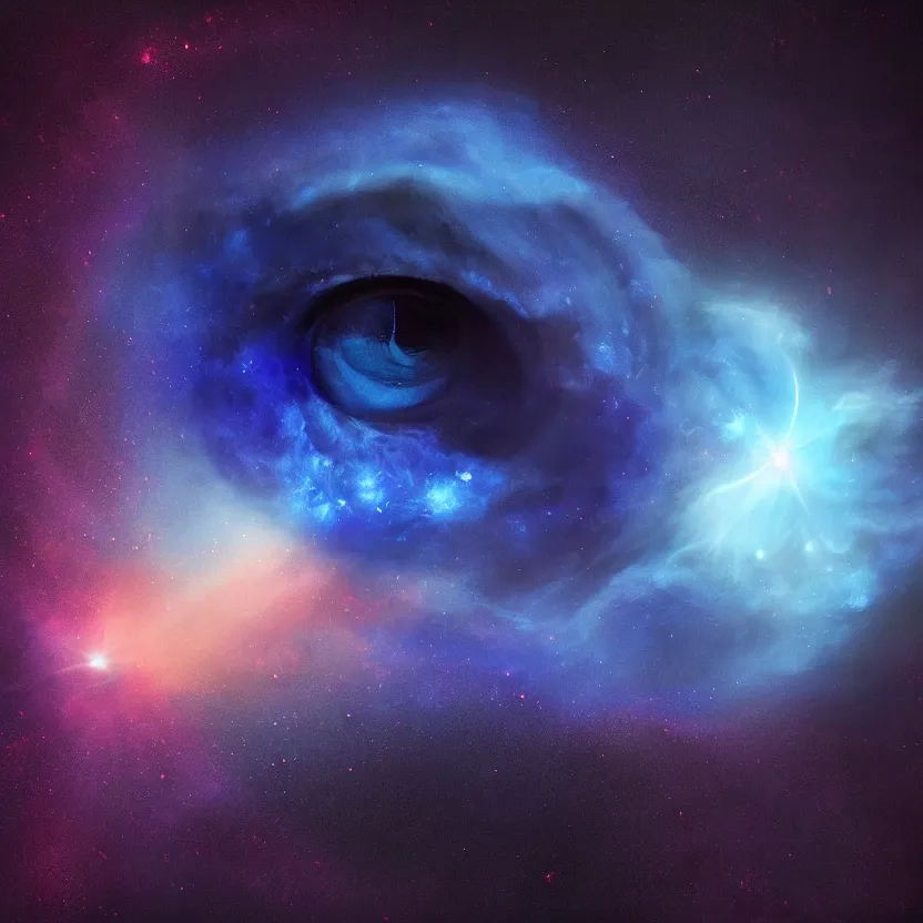 Image similar to blue evil eye floating in front of a nebula, digital art inspired by mikko lagerstedt, gilbert williams