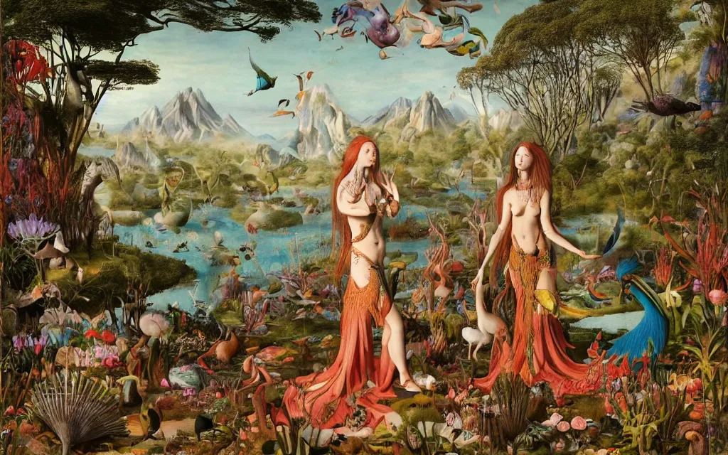 Prompt: a portrait photograph of a meditating mermaid shaman and a zebra centaur monk feeding parrots at a wide river delta. surrounded by bulbous flowers, animals and trees. mountain range under a vast clouded sky of burning stars. painted by jan van eyck, max ernst, ernst haeckel, ernst fuchs and artgerm, cgsociety, artstation