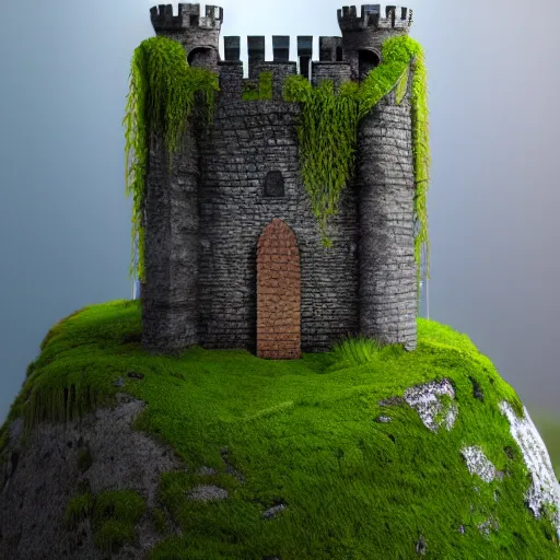 Image similar to minature castle on a rock, mossy, octane render, 4 k, macro photography, detailed medieval castle