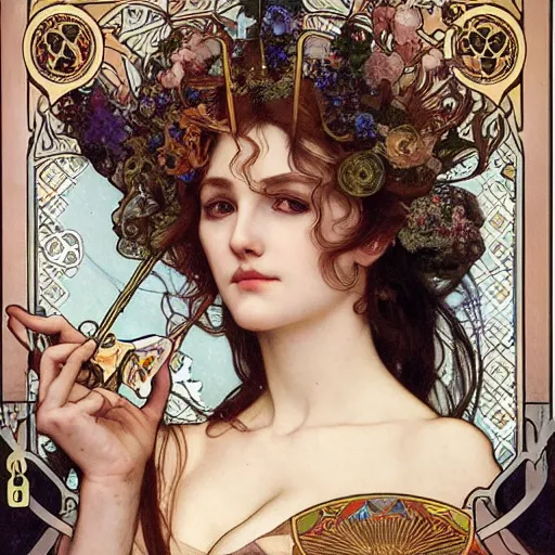 Prompt: realistic detailed face portrait of the Queen of Clubs by Alphonse Mucha, Ayami Kojima, Amano, Charlie Bowater, Karol Bak, Greg Hildebrandt, Jean Delville, and Mark Brooks, Art Nouveau, Neo-Gothic, gothic, playing card suit clubs, black clubs, playing cards, rich deep moody colors