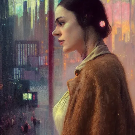 Image similar to detailed portrait of a woman, moment, cyberpunk cloisters, electronic billboards, tech noir, wet reflections, atmospheric, ambient, livia prima, greg rutkowski, wlop, george tooker, gil elvgren, grant wood, alexis flower, hopper, mucha, whistler, norman rockwell, peter max,