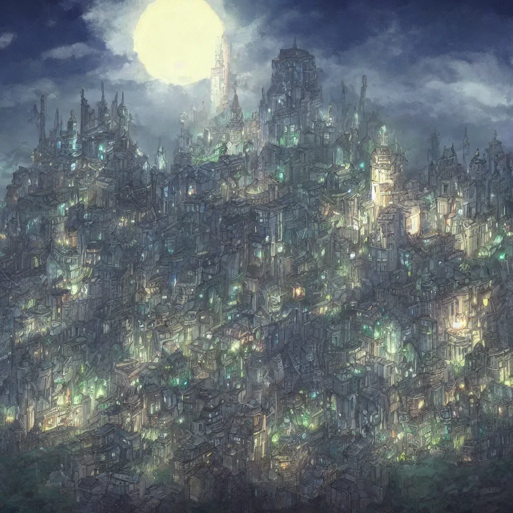 Prompt: there is a glowing white tower in the dark city, fantasy art, 2 d game art, by studio ghibli