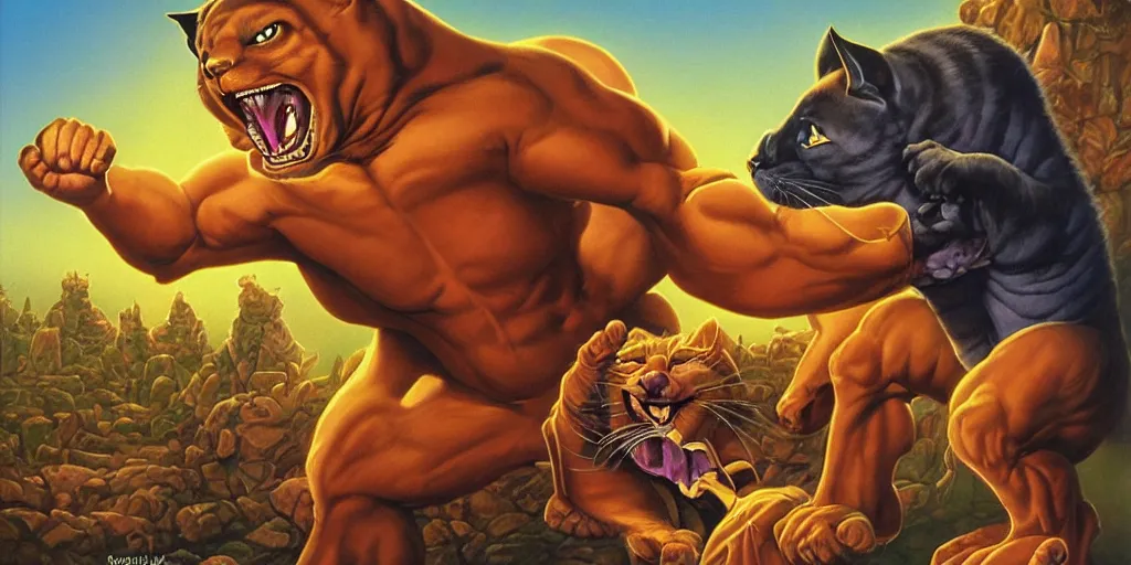 Prompt: extremely muscled angry kitty cat pointing at a frightened muscled mouse for eating all the delicious cheese, Boris Vallejo, Julie Bell, Greg Hildebrandt, Tim Hildebrandt, Artgerm
