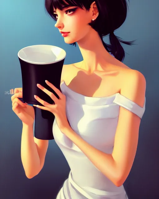 Image similar to a portait of a beautiful dark haired french girl, attractive collarbone and shoulders, holding a mug of hot tea. In the style of ilya kuvshinov, elegant, highly detailed, photorealistic, digital painting, high resolution, artstation, concept art, smooth