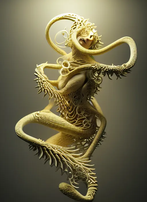 Image similar to abstract organic ornament in fluid creature, white and gold biomechanic plastic, glow lighting, fantasy, intricate, elegant, highly detailed, lifelike, photorealistic, octane render, 3d, concept art, smooth, sharp focus,