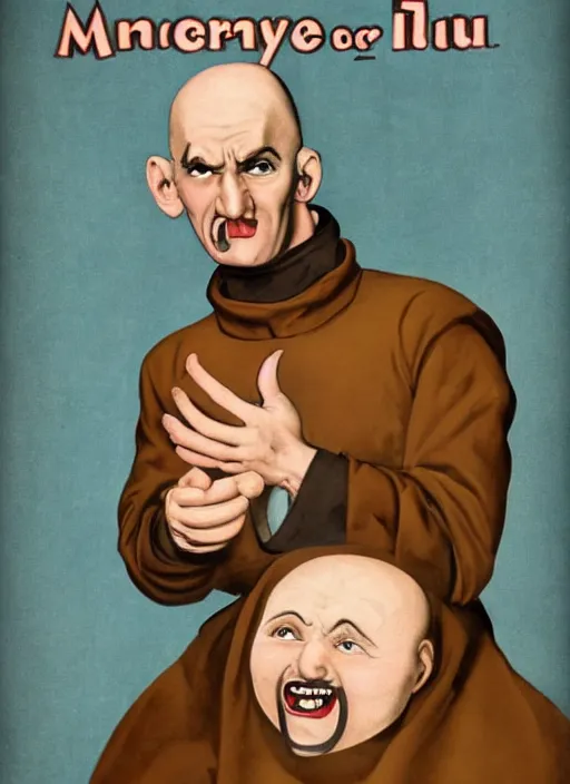 Image similar to portrait of glamorous bald medieval man with big nose and annoyed gesture,look of hate, threatening pose, 1940s propaganda poster, full hd,highly detailed