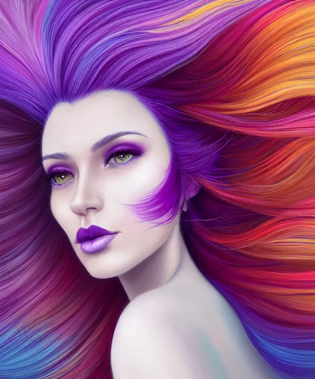 Image similar to Portrait of a woman with bright colored flying hair, all shades of purple. Hair coloring, beautiful lips and makeup. Hair fluttering in the wind, amber eyes, face, long hair, fantasy, intricate, elegant, highly detailed, digital painting, artstation, concept art, smooth, sharp focus, illustration, art by artgerm and greg rutkowski and alphonse mucha