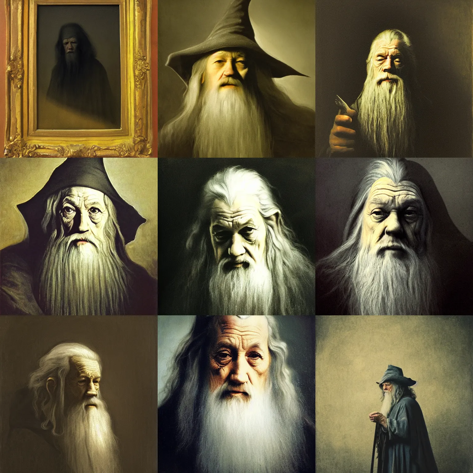 Prompt: portrait of | | gandalf, the gray | | ( melancholic, thoughtful ), | | low key lighting | |, dark bacgkground, oil canvas by rembrandt