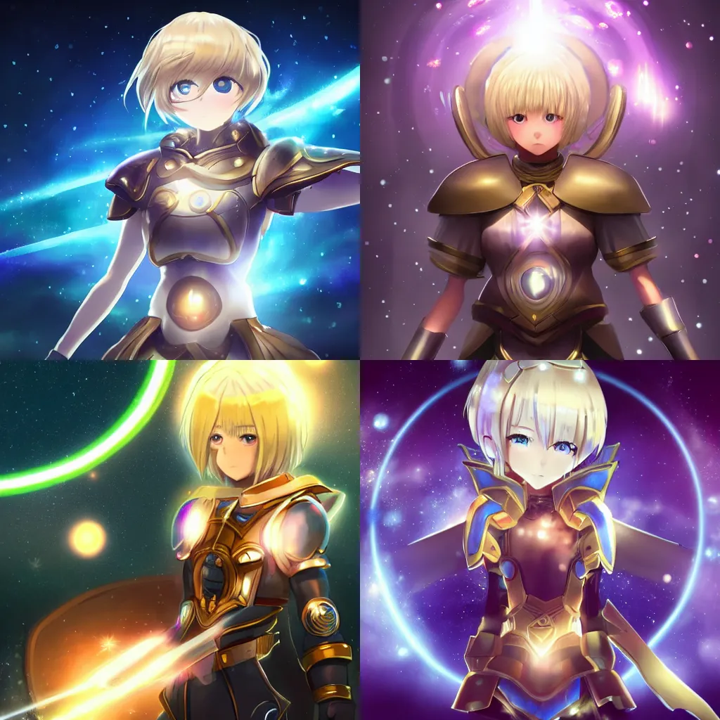 Prompt: a cute girl with short blonde hair, with many detailed shields of magical light orbiting in circles around her body, full body shot, fantasy anime, dramatic lighting