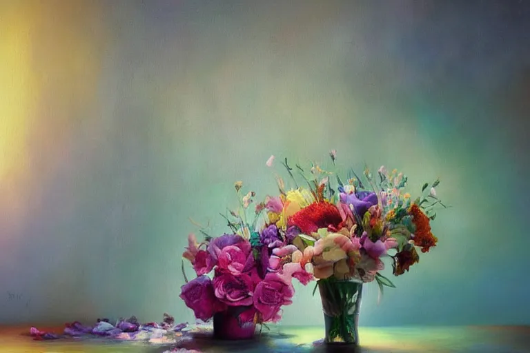 Image similar to vase of melting flowers by jan davidsz, surreal oil painting, luminous, soft lighting, colorful illustration, highly detailed, dream like