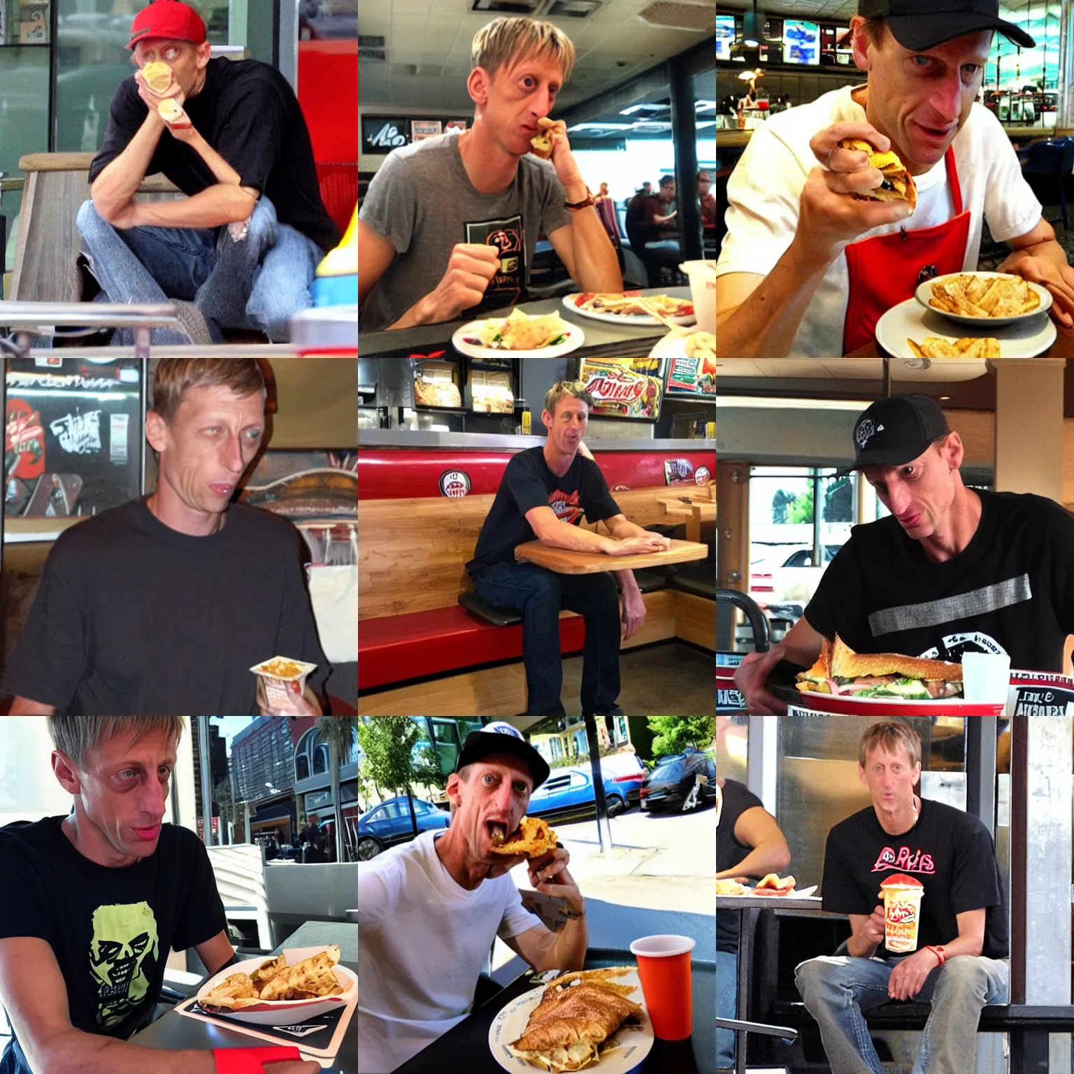 Prompt: tony hawk eating at arbies and he is NOT happy