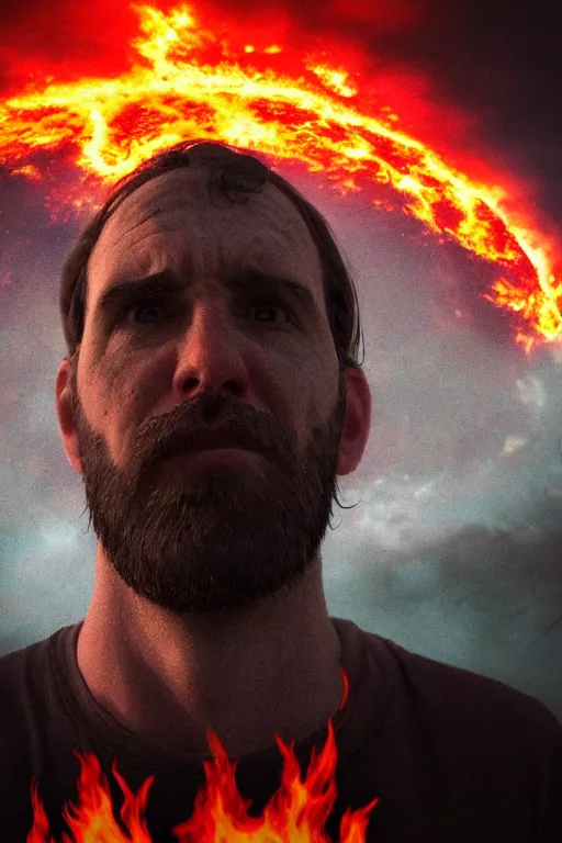 Prompt: Selfie of the last man on Earth with a background of the world on fire, selfie photography, selfie, close-up photography, trending on artstation, artstationHD, artstationHQ, 4k, 8k, photorealistic, in a dark and horrific style.