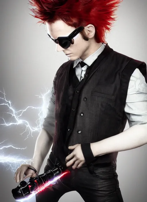 Image similar to photorealistic young man with red spiked long hair, using googles. Wearing black waistcoat, white shirt. rockstar. dynamic lightning. rpg portrait