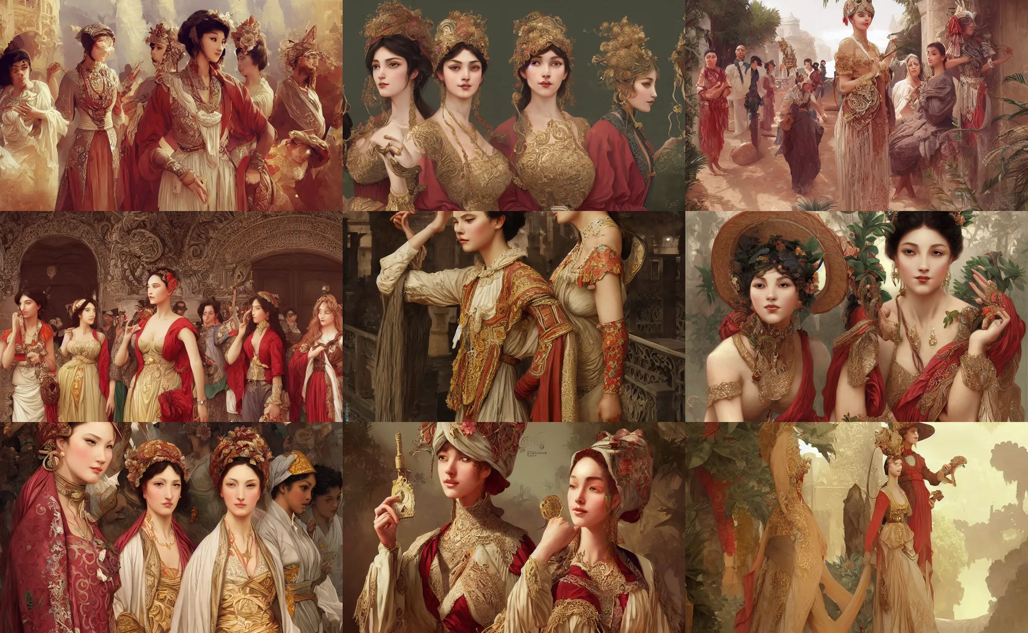 Prompt: crowd in traditional siclian clothes, intricate, elegant, highly detailed, digital painting, artstation, concept art, smooth, sharp focus, illustration, d&d, art by rutkowski, anna dittmann, orientalism, bouguereau