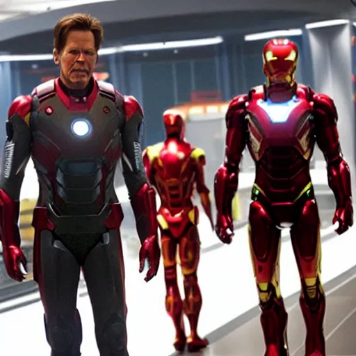 Image similar to film still of Kevin Bacon as Tony Stark in Ironman armor without the head piece in the new Avengers movie