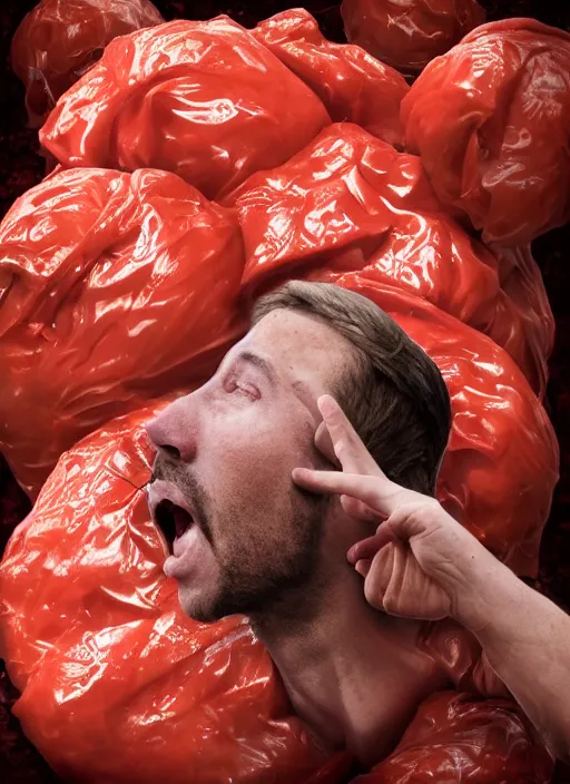 Image similar to a hyper realistic ultra realistic photograph of a man transmogrifying into crumpled tomato, top secret, highly detailed, 8k photo