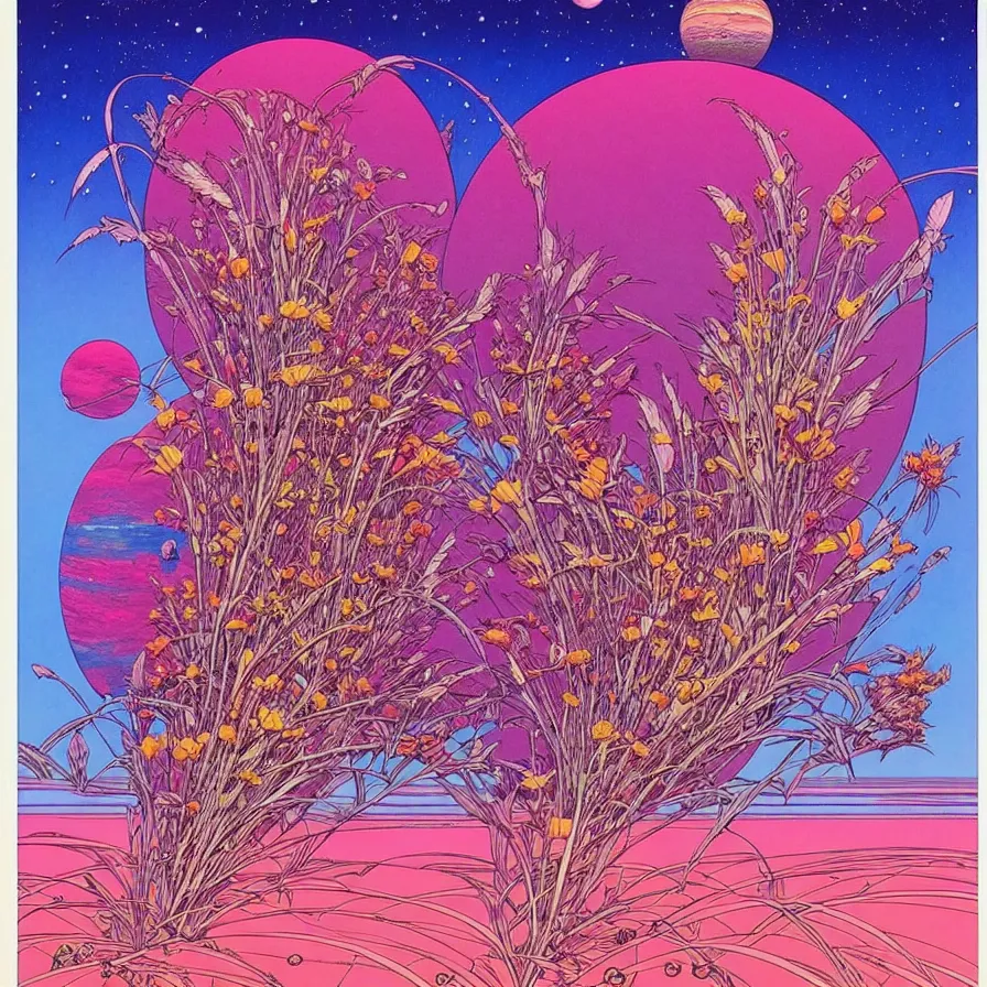 Image similar to ( ( ( ( beautiful flowers in a strange planet ) ) ) ) by mœbius!!!!!!!!!!!!!!!!!!!!!!!!!!!, overdetailed art, colorful, artistic record jacket design