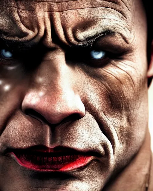 Image similar to Film still close-up shot of Dwayne The Rock Johnson as The Joker from the movie The Dark Knight. Cinematic, Photographic, photography