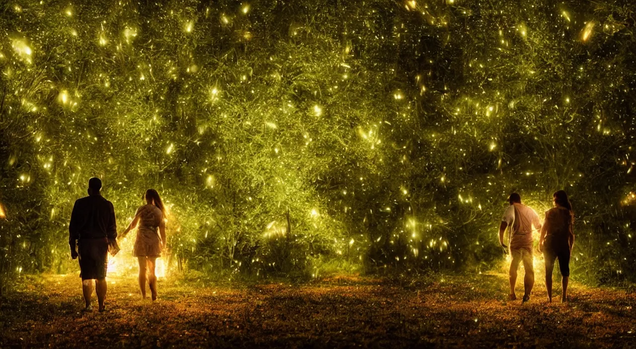 Image similar to a couple walking in the middle of fireflies, cinematic lighting, wow, establishing shot