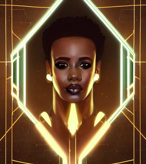 Image similar to symmetry!! egyptian king of technology, solid cube of light, hard edges, product render retro - futuristic poster scifi, lasers and neon circuits, brown skin male egyptian king, intricate, elegant, highly detailed, digital painting, artstation, concept art, smooth, sharp focus, illustration, dreamlike, art by artgerm