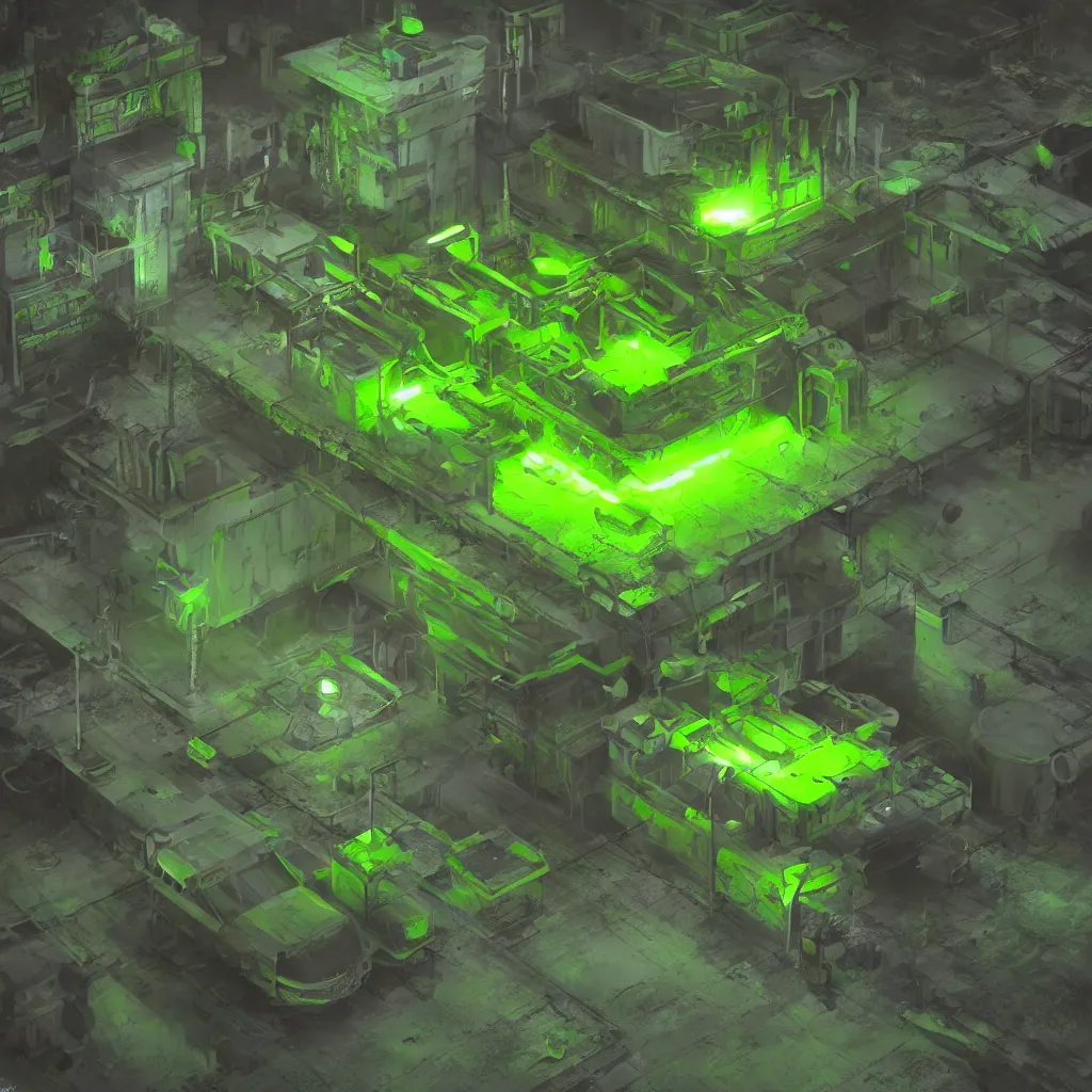 Image similar to secret under ground base with a green glowing uranium tank, concept art, digital art, octane render, xray melting colors