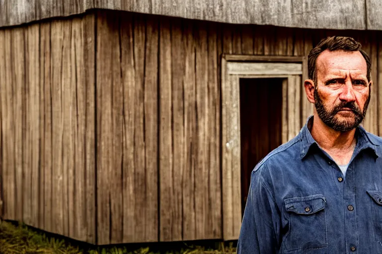 Image similar to a cinematic headshot portrait of a farmer, stood outside a wooden cabin, ultra realistic, dramatic lighting