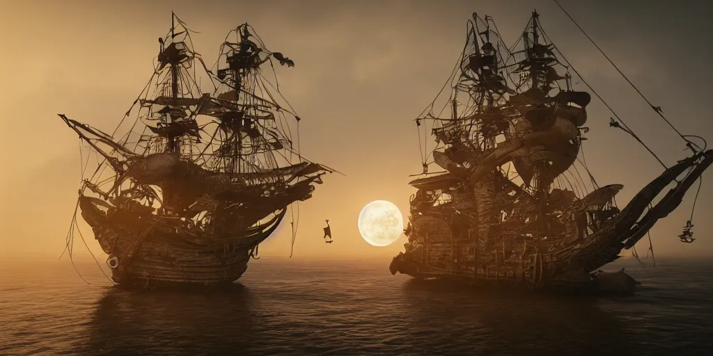 Prompt: ghost pirate ship at open sea at night, full moon behind it, 3 d art, octane render, 6 k, unreal engine,