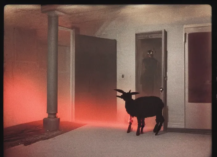 Image similar to medium shot, a lamb with red eyes, evil, horror, scary, night, polaroid photo, vintage, neutral colors, by gregory crewdson,