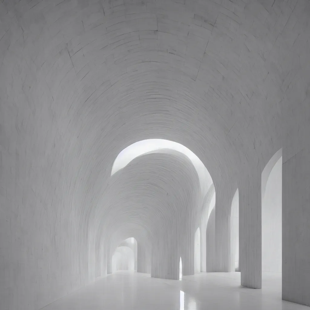 Image similar to photograph of a symmetrical arch hallway, shiny floor, concrete, pastel hues, minimalist, architecture magazine, dezeen, 50mm, pentax, film