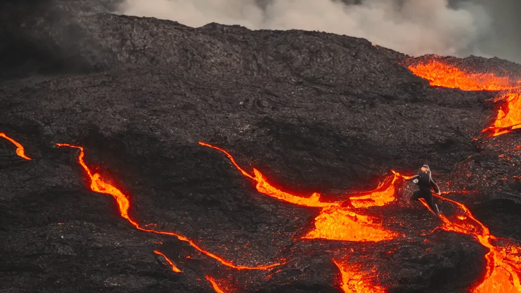 Image similar to medium shot of a person wearing a sponsored jersey surfing down a river of lava on the side of a volcano on surfboard, action shot, dystopian, thick black smoke and fire, sharp focus, cinematic, imax