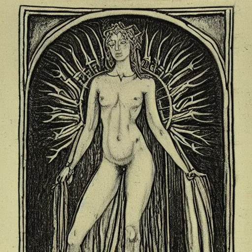 Prompt: realistic medieval etching of the goddess of spring, high detail, elaborate composition, quality draughtmanship, by austin osman spare, occult art, alchemical diagram
