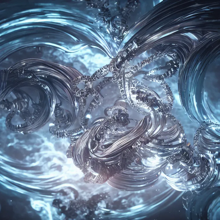 Image similar to swirling abstract cyborg parts and ornate flowing smoke streams and smooth particle effects surround a small metallic spiral, cinematic, unreal engine