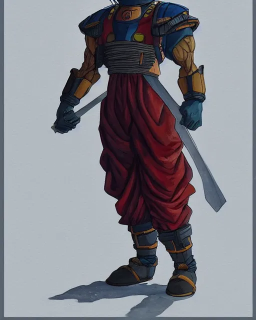 Image similar to a oil / watercolor painting full body character portrait of an old saiyan soldier / knight in the style of moebius in the style of leonard boyarsky trending on artstation deviantart pinterest detailed photorealistic highlights and shadow hd 8 k post - processing high resolution