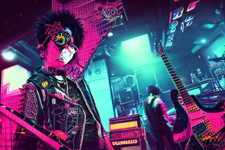 Prompt: 3 d render of a punk at a japanese metal concert in a cyberpunk world, made using maya and arnold, bright neon colors, intricate details, complementary colors, detailed face, backlighting, octane render, depth of field, extremely detailed, trending in artstation, focus on face, sharp focus, radiant light, raytraced, ray tracing, 8 k, beautiful composition