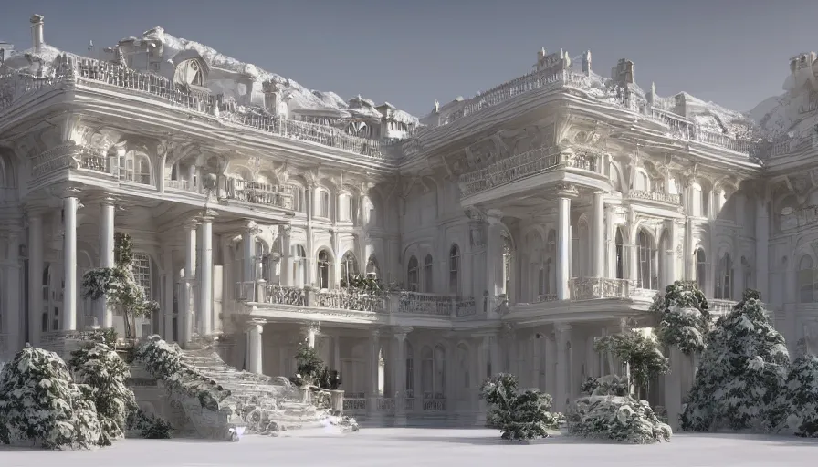 Image similar to Gorgeous white palace with big windows, gardens and columns built in the snowy mountains, hyperdetailed, artstation, cgsociety, 8k