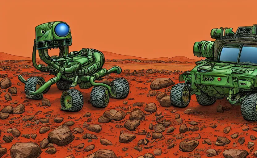 Image similar to on mars, two green alien Martians are hiding behind rocks, a white nasa rover rolls around, digital color illustration in the style of James Gurney