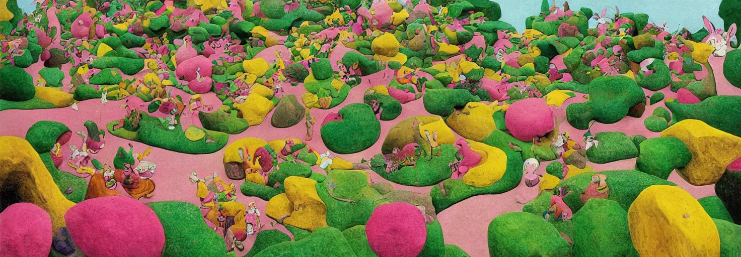 Image similar to a rock garden filled with pink rabbits, by m. c. escher, yellow, green, red, snowy, ultra sharp, ultra detailed, cyberpunk, happy, uplifting, colorized by salvador dali