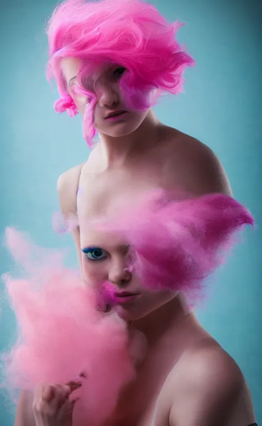 Image similar to a dramatic photo of a beautiful young woman with cotton candy hair. with a little bit of cyan and pink